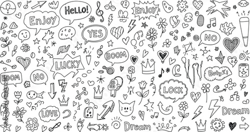 Hand drawn doodle elements isolated on white background set of cute sketch speech bubbles, hearts, stars, flowers, crowns, cats and other decorative objects