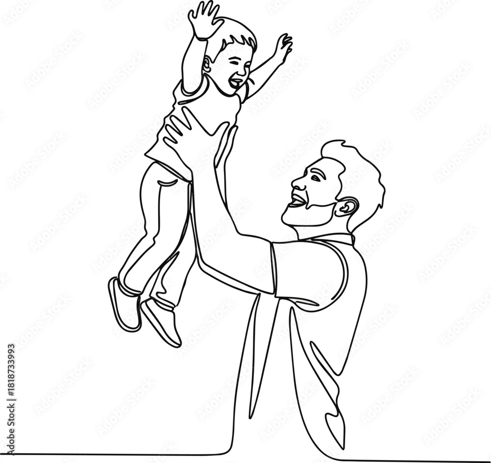 Fototapeta premium Isolated a Father and son in one continuous line drawing. Happy dad throws a child into the air in simple linear style. Family and fatherhood concept in editable stroke. Doodle oneline vector art .