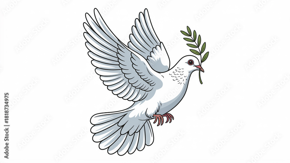Obraz premium White Dove Of Peace Flying With Olive Branch In Its Beak On White Background Keywords: dove, peace, bird, white, flying, olive branch, symbol, freedom, hope, love