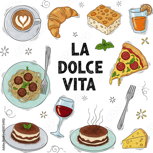 Isolated a Whimsical chalk doodles of italian food. Quirky icons of breakfast and dinner meals in crayon style. Crayon drawing for menus and invitations. La dolce vita italian vector art .