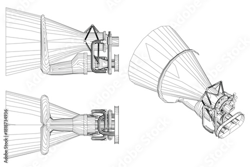 Detailed rocket engine set in black and white contour drawing, featuring cylindrical shape, nozzle with wires, tail fin, and glowing halo.