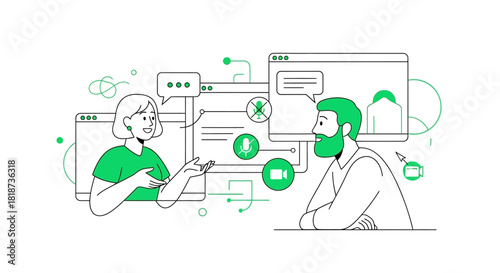 Online virtual meeting illustrated by a man and woman in green and black line work