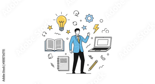 Conceptual illustration featuring a businessman surrounded by symbols of creativity and innovation