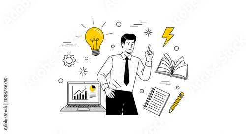 Businessperson Having Innovative Idea Surrounded by Business and Educational Tools