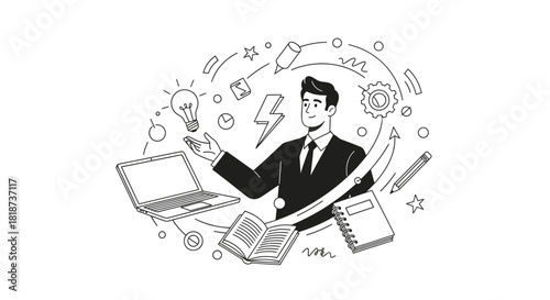 Businessman surrounded by floating creative process symbols for innovation and success