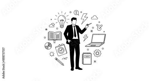Illustration depicting a businessman presenting creative ideas and knowledge effectively