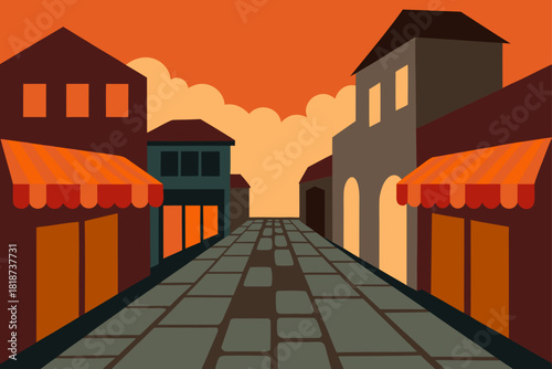 Vector illustration of a charming street scene at sunset