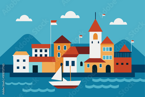 Colorful coastal village with sailboat and mountains in the background
