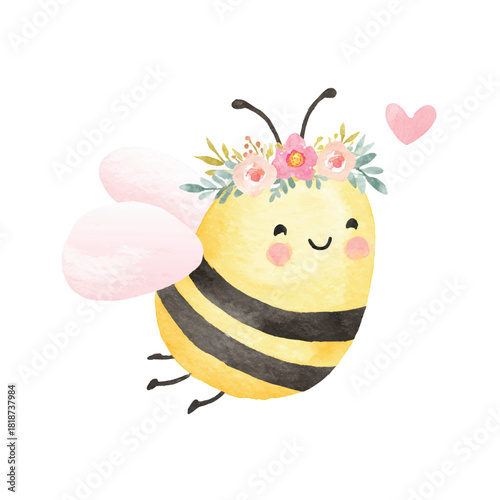 Cute Watercolor Bee with Floral Crown and Pink Heart.