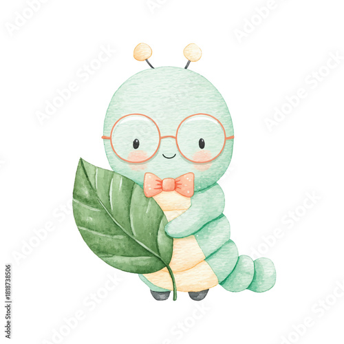 Cute Watercolor Caterpillar Character with Glasses and Leaf.