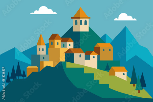 Charming village nestled in rolling green hills and majestic mountains