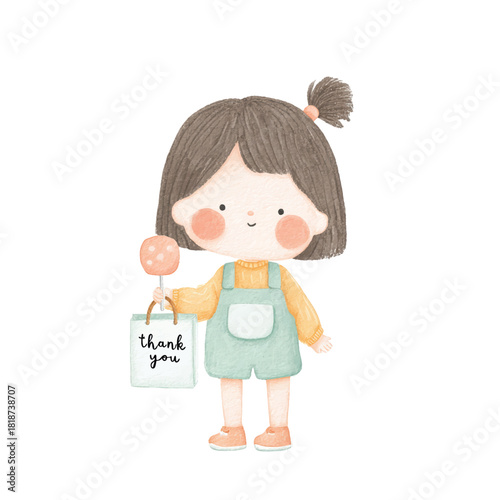 Cute Watercolor Girl Holding Thank You Bag and Lollipop.
