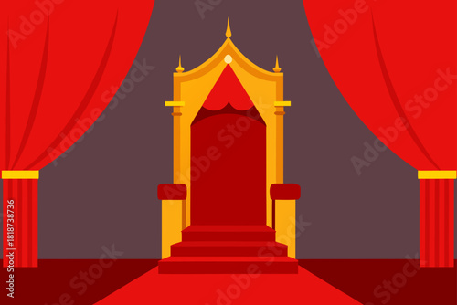Ornate throne with red carpet and drapes