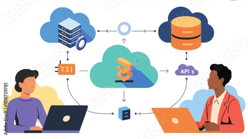 Diverse team collaborating on cloud based data management and api integration systems