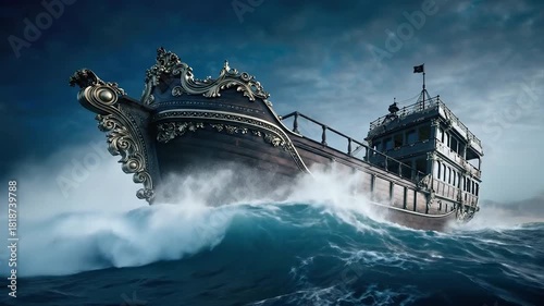 Dramatic voyage: Majestic pirate ship sailing on stormy seas with powerful waves