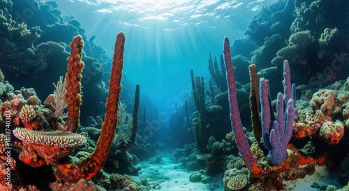 Fototapeta Naklejka Na Ścianę i Meble -  Vibrant coral reef with sea sponges underwater marine life and sun rays shining through the ocean water