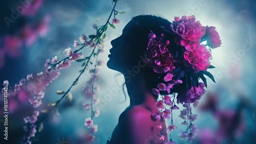 Dreamy ethereal portrait of woman with flowers in her hair, surrounded by blossoms