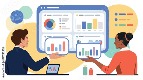 Diverse business professionals collaborating and analyzing data on a digital dashboard with charts and graphs