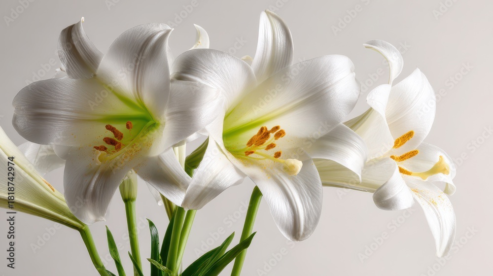 Fototapeta premium Minimalist white lily composition with crisp petals on white surface