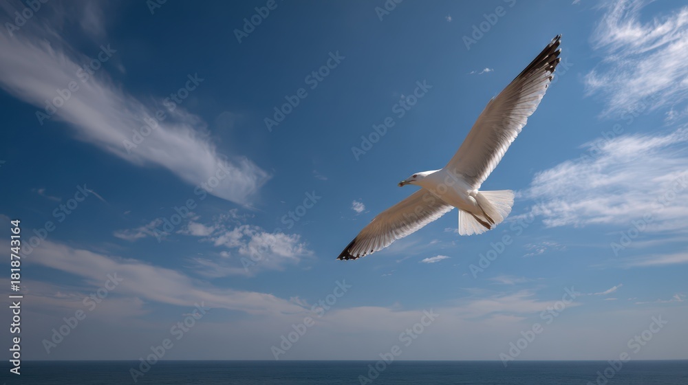 Fototapeta premium Minimalist wildlife image of a single seagull in midair
