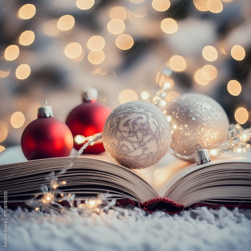Naklejka premium Charming Christmas Still Life with Open Book, Ornaments, and Shimmering Lights on White Background