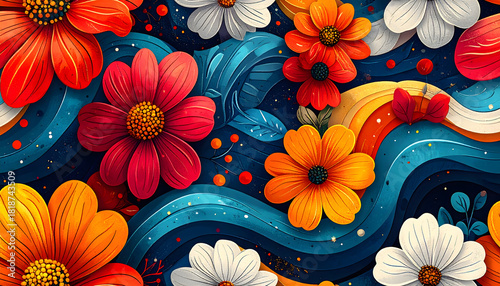 Groovy Retro Repeat, Christmas: Funky floral motifs and colorful wavy shapes create joyful, vibrant retro Christmas pattern seamlessly displayed in bold way