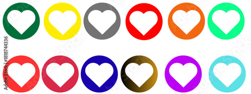 Set of White heart vector icon inside different colour circle.
