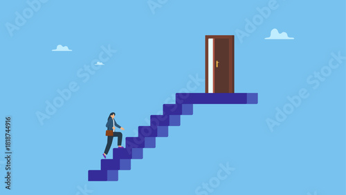 Businesswoman employee walk up stair to open door. Career opportunity, door step to success, career development or growth and improvement to reach success, job promotion or challenge to grow.