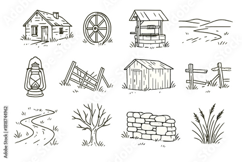 Deserted Land Icons. Line style icons of Deserted Lands: Abandoned Homestead, Wagon Wheel, Old Well, Wide Plains; Rusted Lantern,