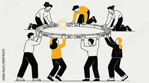 Diverse group of people working together to assemble a circular structure symbolizing unity and collaboration