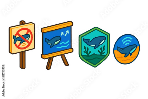 Marine Advocacy Icons. Isometric vector illustration set Advocacy and Awareness Icons: Protest sign with whale and sonar,