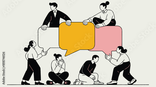 Diverse group of people engaged in communication and discussion around large colorful speech bubbles