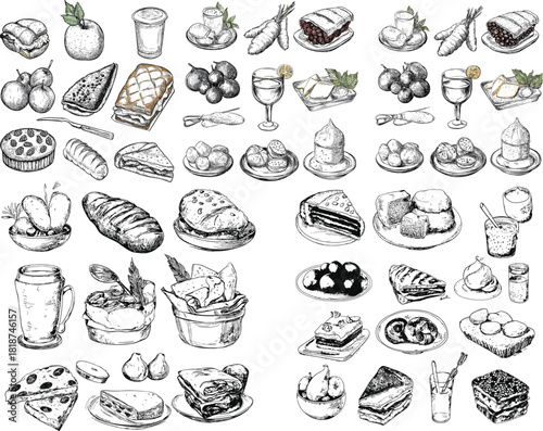 Pencil Sketch and  Mix Food Collection set silhouette Vector