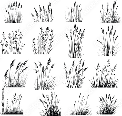 Simple Line Art Grass set Silhouette Vector