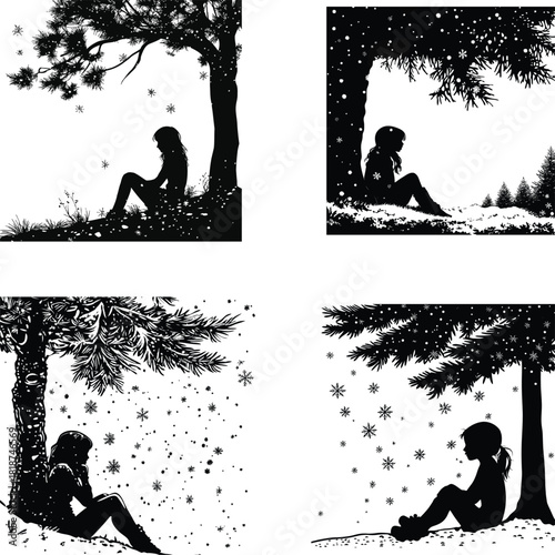 Snowy Pine Tree with Girl Sitting Silhouette set vector