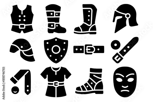 Leather Armor Icons. Solid style icons of Leather Armor: Breastplate, Bracer, Greave, Helmet, Shoulder Guard, Shield, Belt, Strap,