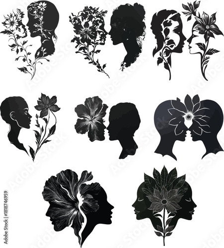 Blooming Flower Formed by Two Merging Faces set Silhouette vector