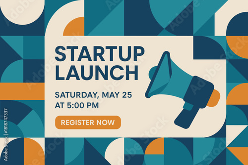 Startup Launch Poster. Flat vector poster for startup launch event, geometric shapes, megaphone illustration, clean corporate