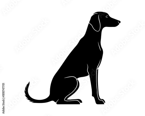 Black Silhouette of a Dog Sitting Down on a White Background, Vector Illustration