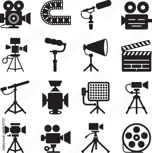 Movie icons, cinema production, film camera, clapperboard slate, director chair, studio light