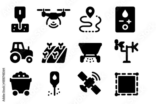 Precision Agriculture Icons. Solid style icons of Precision agriculture: soil sensor, drone, GPS path, irrigation control, tractor