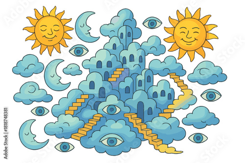 Dreamlike Sky Metropolis. Consciousness cloud city with smiling suns, dreaming moons, floating eyes, and stairways made of