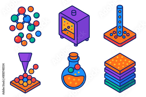 Nanotechnology Isometric Icons. Isometric vector illustration set Bottom-Up Fabrication: self-assembly molecules, chemical vapor