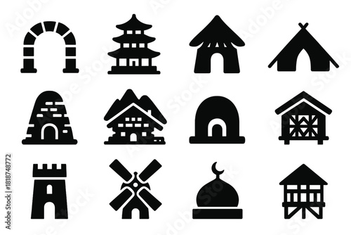Traditional Architecture Icons. Solid style icons of Traditional Architecture: stone arch, wooden pagoda, thatched hut, desert