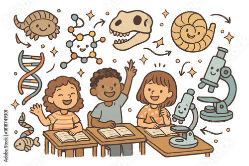 Cheerful Molecular Paleontology. Whimsical doodle molecular paleontology classroom with happy students, cartoon fossils floating,