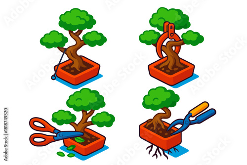 Bonsai Training Icons. Isometric vector illustration set Bonsai Training Techniques: Guy-wire tension, branch clamp, leaf trimming
