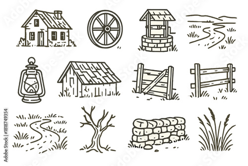 Forgotten Farm Icons. Line style icons of Forgotten Farms: Abandoned House, Wagon Wheel, Dry Well, Vast Prairie; Rusted Lantern,