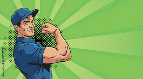 A handsome young man in pop art style shows off his muscles. Pop art in comic book style.