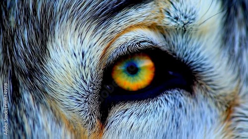 Intense close-up of an animal's eye, showing a multicolored iris and surrounding fur. The gaze is captivating