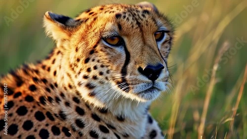 A close-up portrait of a cheetah's face, focusing on its eyes and distinctive spotted fur